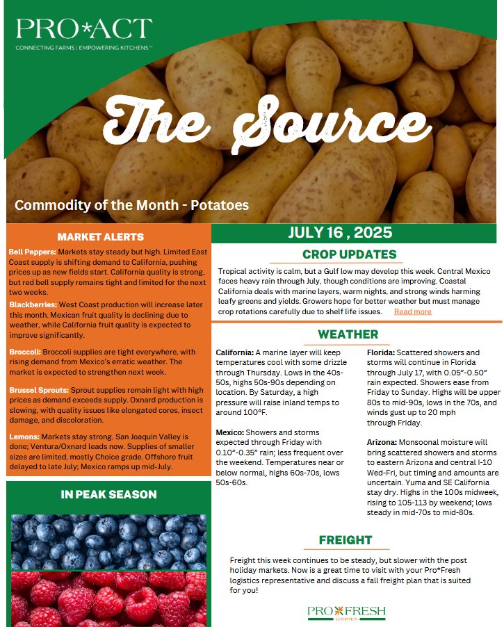 FreshForwardYEG's tweet photo. Produce Market &amp; Crop Update July 16

From heavy rains in Mexico to wind stressed fields in California, weather continues to impact supply across key growing regions.

Stay informed and manage your inventory rotations and sourcing strategies effectively! https://t.co/QoOXezlPyR https://t.co/FVG72ubYmX