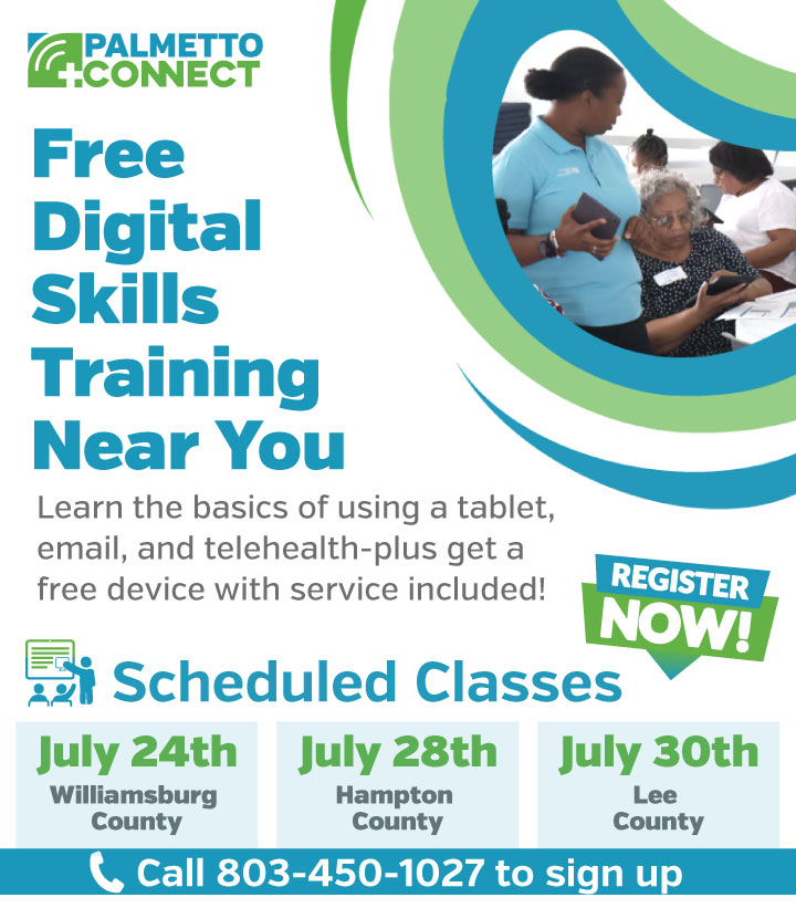 Join us in July for a FREE Digital Literacy Program! 📱✨ Get hands-on training &amp; a FREE tablet! Call 📞 803-450-1027 to reserve! #PalmettoConnect #DigitalLiteracy #TelehealthAccess #PCCConnects #RuralSC #StayConnected