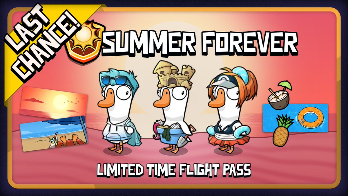 🚨 LAST CHANCE! The Summer Forever Flight Pass is setting soon! 🌅 
🎮 Play to earn tropical rewards &amp; beach-ready cosmetics.
❗ Grab the Premium Pass to gain access to Premium Rewards and waive the expiration! 
#GGD #GooseGooseDuck #SummerForever