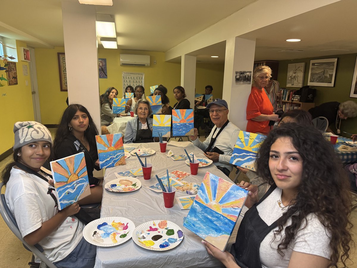 NYCAging's tweet image. Brushes met hearts 🎨❤️ Cardozo High School students and Deepdale CARES NORC older adults painted more than just canvases. They painted friendships across generations, filled with shared stories, creativity, and connection! #NYCAGing