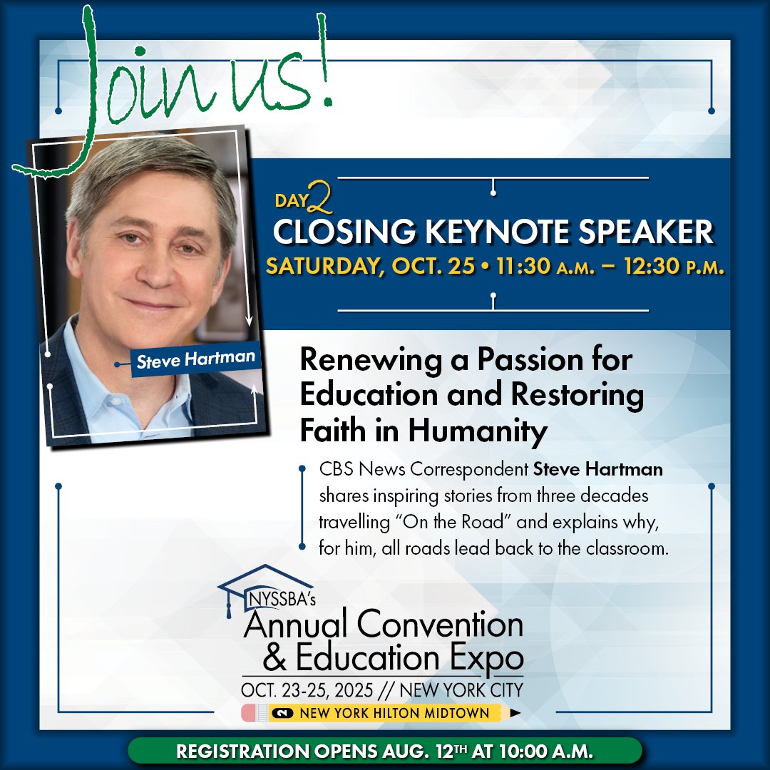 Join us for an inspiring keynote session with Steve Hartman as he shares some of his favorite stories and messages of hope.

Find out more about what to expect at this year's event by visiting nyssba.org/convention.

Registration opens August 12th #nyssba25