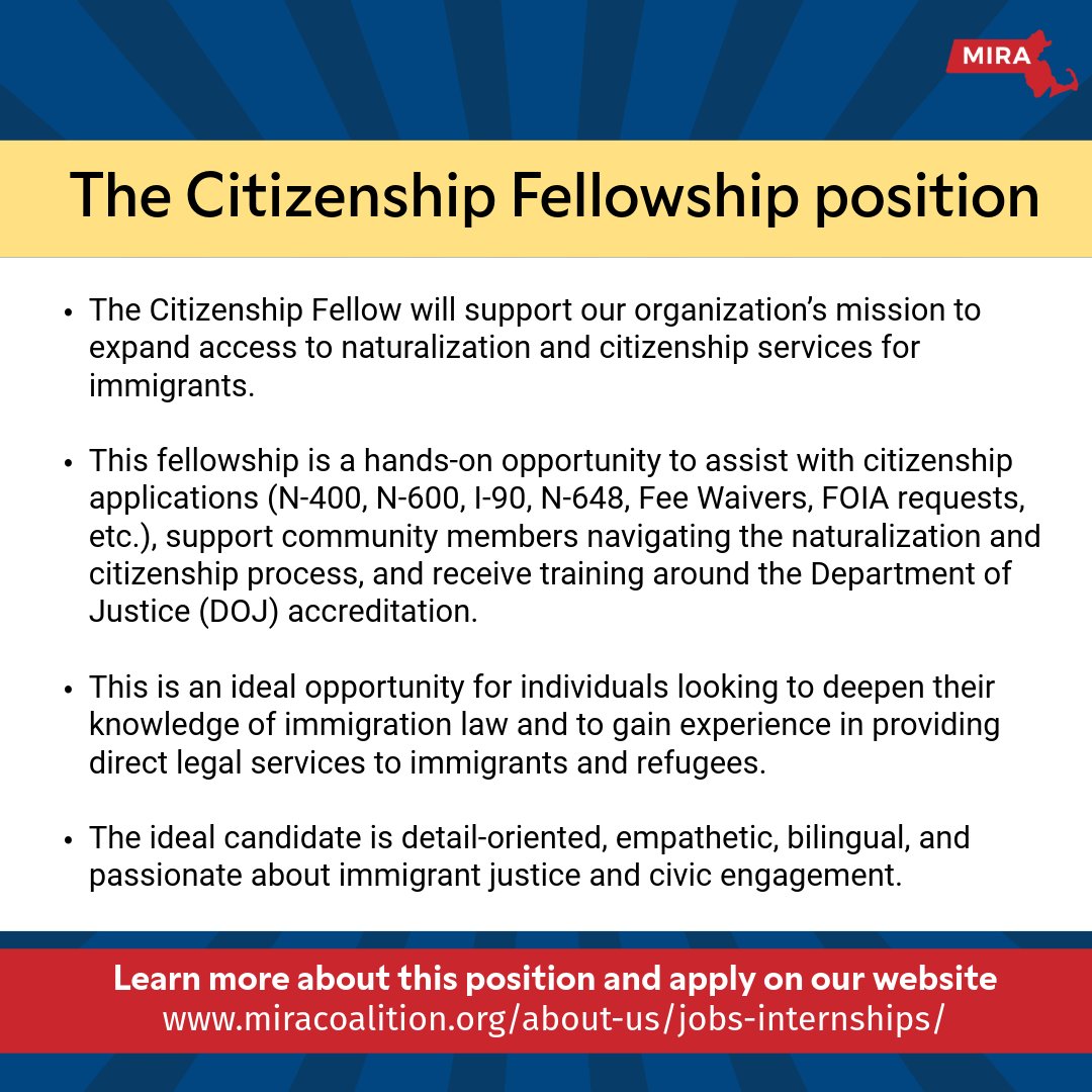 MIRACoalition's tweet image. 🚨 MIRA is hiring - apply for our Citizenship Fellowship position!
Application on our website ➡️ miracoalition.org/about-us/jobs-…