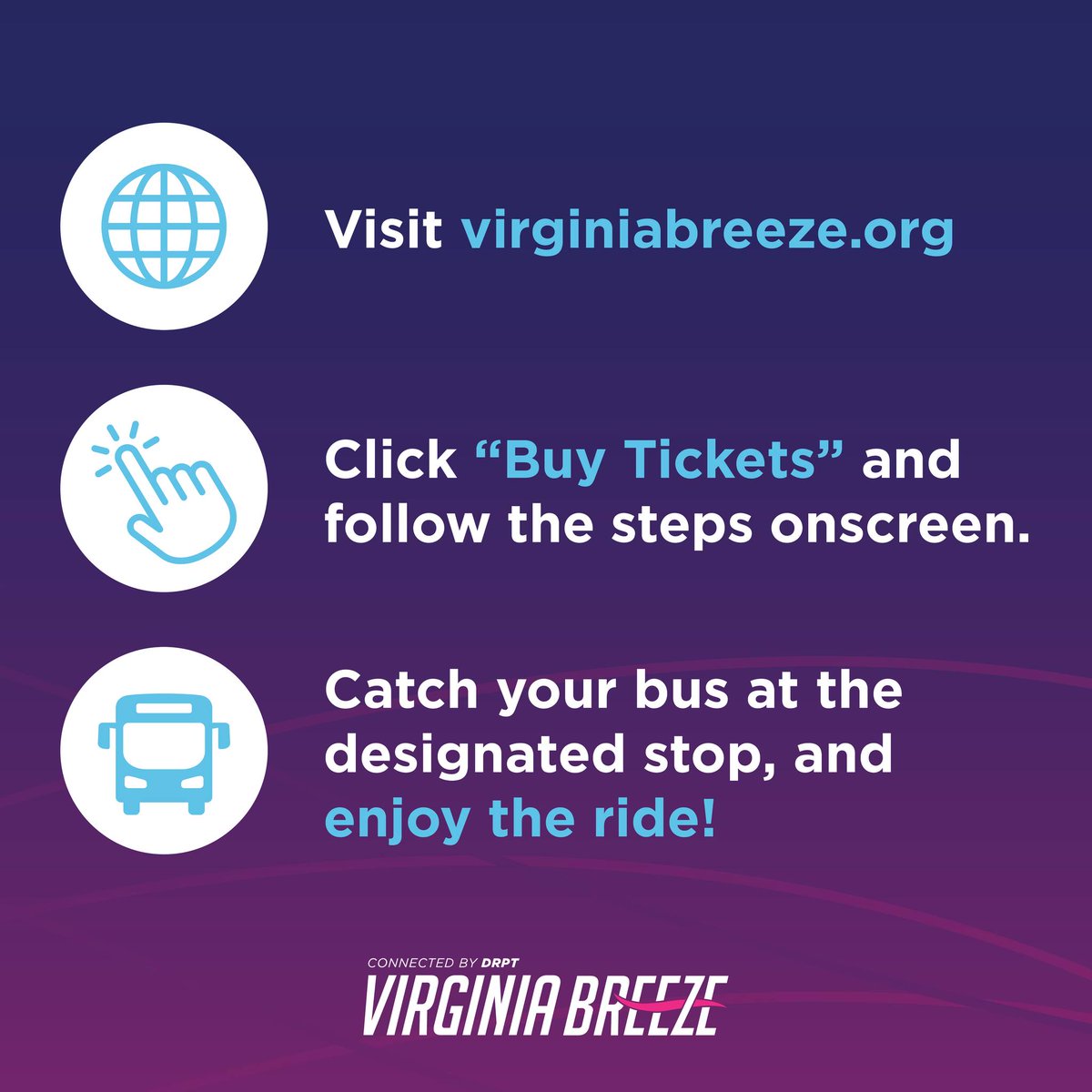 Buying your Virginia Breeze ticket takes just a few clicks. 💗💜

Fast, simple, and ready when you are. ⚡💨

Book your ticket at virginiabreeze.org 🎟️📲