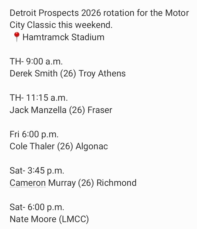 Scott Thaler (@sthaler21) on Twitter photo <a href="/DetProsSadowski/">DetroitProspects-Sadowski</a> rotation for <a href="/MotorCityTourn/">Motor City Classic Baseball Tournament</a>. All pool play games at Hamtramck Stadium.
<a href="/DerekSmith_25/">Derek Smith</a> <a href="/ColeThaler6/">Cole Thaler</a> <a href="/nathanmoore0918/">Nathan Moore</a> <a href="/Jack15099022/">Jack Manzella</a> <a href="/Cammur1220/">Cameron Murray</a>
<a href="/mikerice02/">Mike Rice</a>
<a href="/GreggSadowski/">Gregg Sadowski</a> <a href="/DetProsSadowski/">DetroitProspects-Sadowski</a> rotation for <a href="/MotorCityTourn/">Motor City Classic Baseball Tournament</a>. All pool play games at Hamtramck Stadium.
<a href="/DerekSmith_25/">Derek Smith</a> <a href="/ColeThaler6/">Cole Thaler</a> <a href="/nathanmoore0918/">Nathan Moore</a> <a href="/Jack15099022/">Jack Manzella</a> <a href="/Cammur1220/">Cameron Murray</a>
<a href="/mikerice02/">Mike Rice</a>
<a href="/GreggSadowski/">Gregg Sadowski</a>