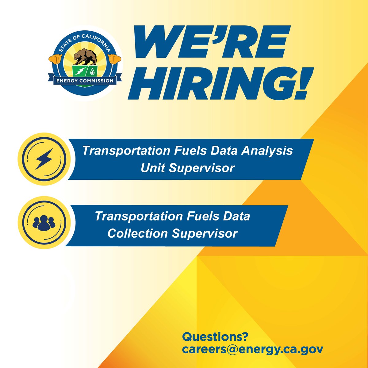⚡#CalEnergy has two leadership opportunities for Program and Project Supervisors!

📅 Apply by 7/29 for Transportation Fuels Data Collection Supervisor: bit.ly/46a00Gy

📅 Apply by 7/30 for Transportation Fuels Data Analysis Unit Supervisor: bit.ly/4kVU1sJ