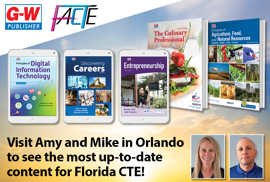 GWPublisher's tweet photo. Itβs time for the 59th annual #FACTE Conference in Orlando! Visit Amy Alley and Mike Macchiarola today and tomorrow to learn more about our titles for the upcoming CTE adoption and resources for your classroom #WeBuildCareers https://t.co/MKLNKMUQ99