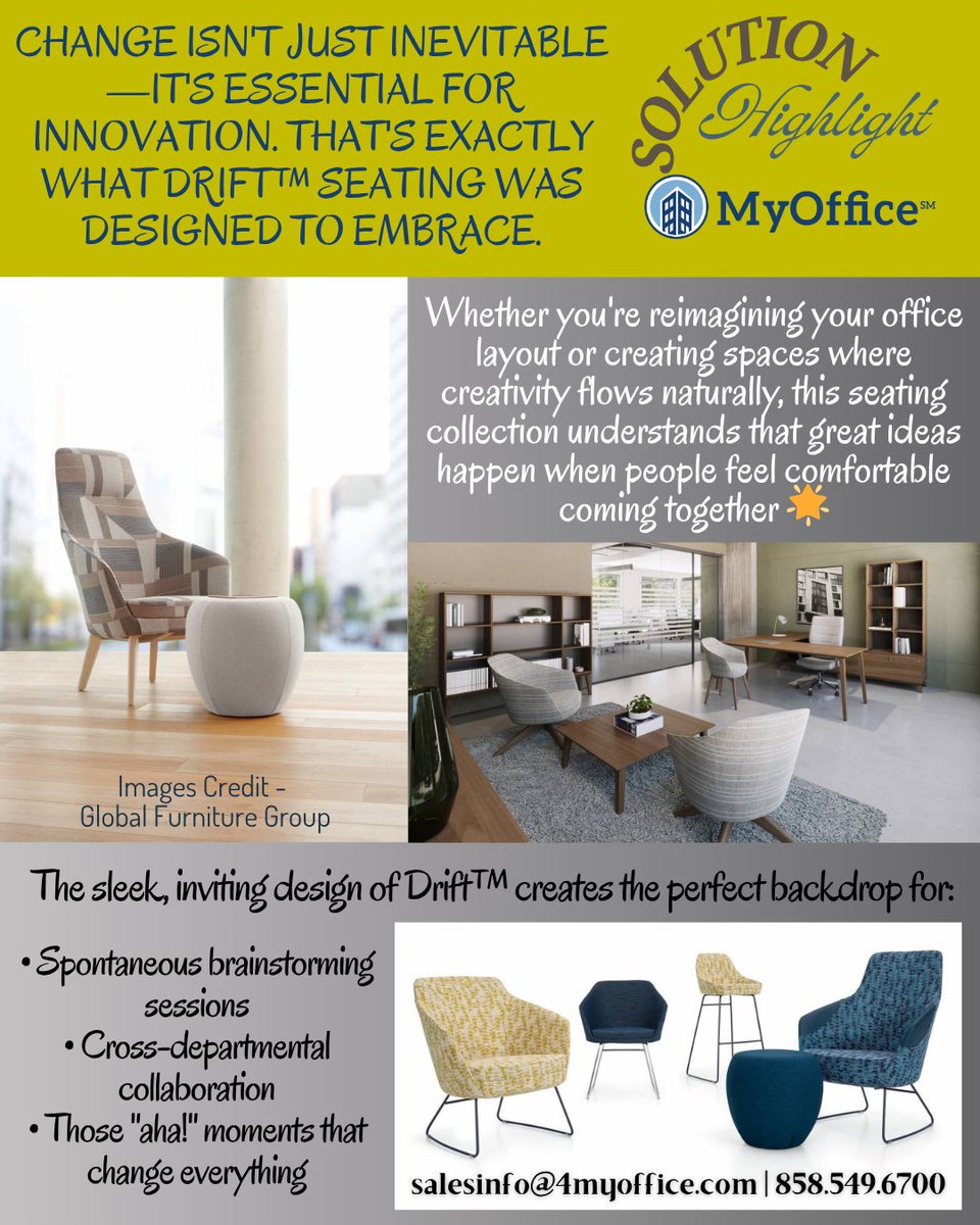 New perspectives are created constantly on what the   workplace should offer! ✨ Change isn't just inevitable—it's essential for innovation. MyOffice is   highlighting this week the Drift™ seating product line from Global Furniture. Ready to transform your collaborative spaces?