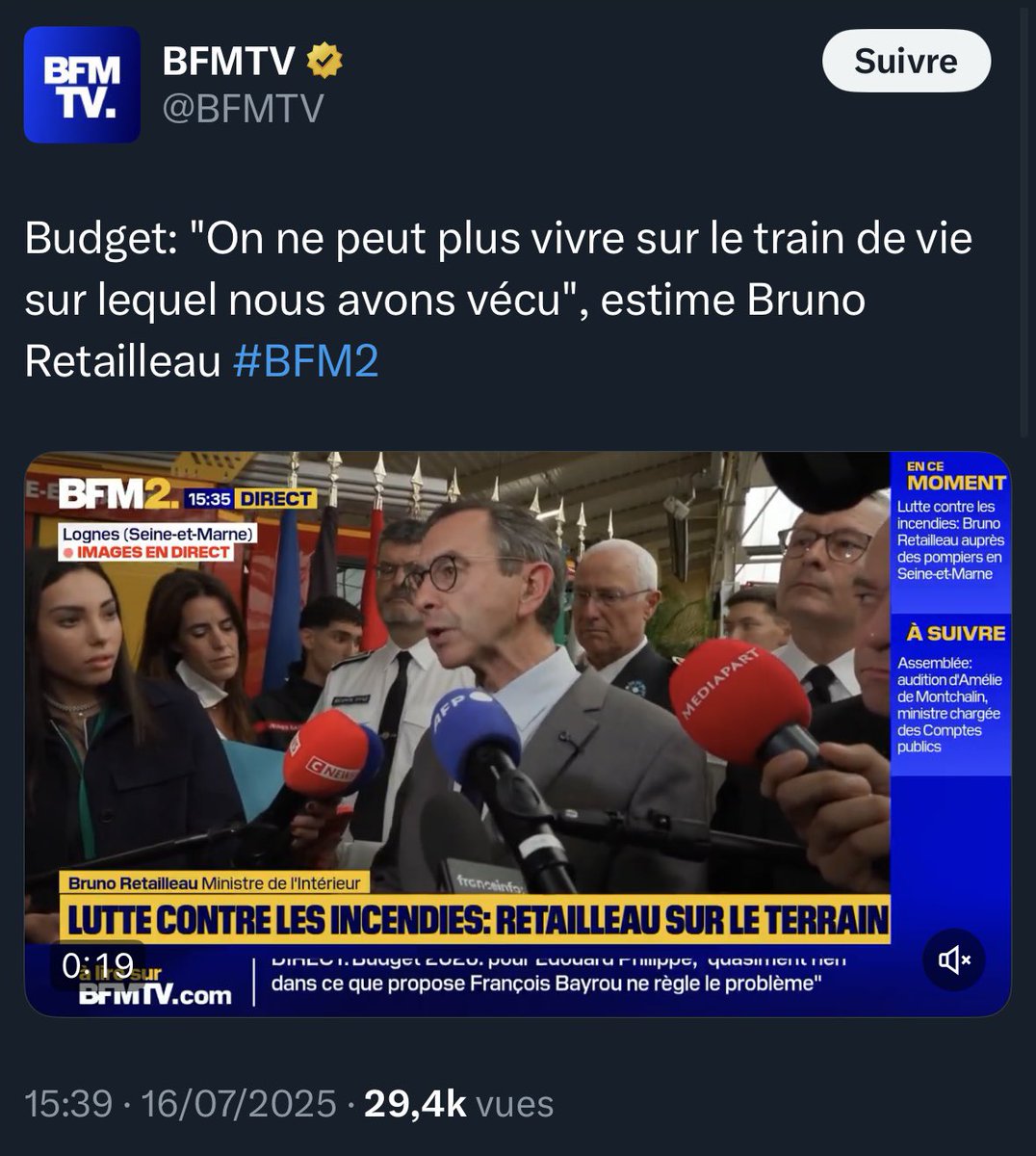 Manifestement quand Retailleau parle de ne plus pouvoir vivre sur le même train de vie, et de faire des sacrifices, ça ne s’applique pas à Bayrou et son jet.