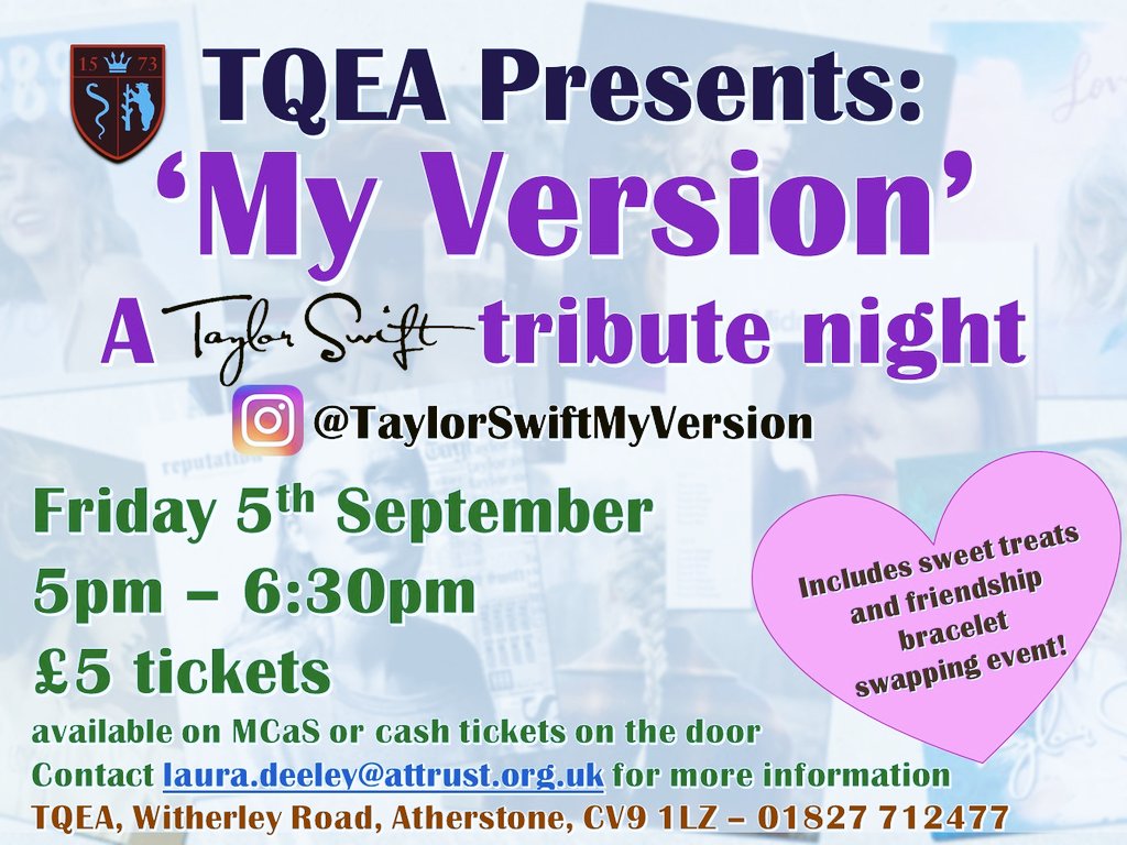 Calling all Swifties! Professional musicians will be performing #MyVersion legendary Taylor Swift classics at TQEA. This is not one you can miss! Tickets are £5 on MCAS or at the door. #Swifties #TaylorSwift #MusicalPerformance