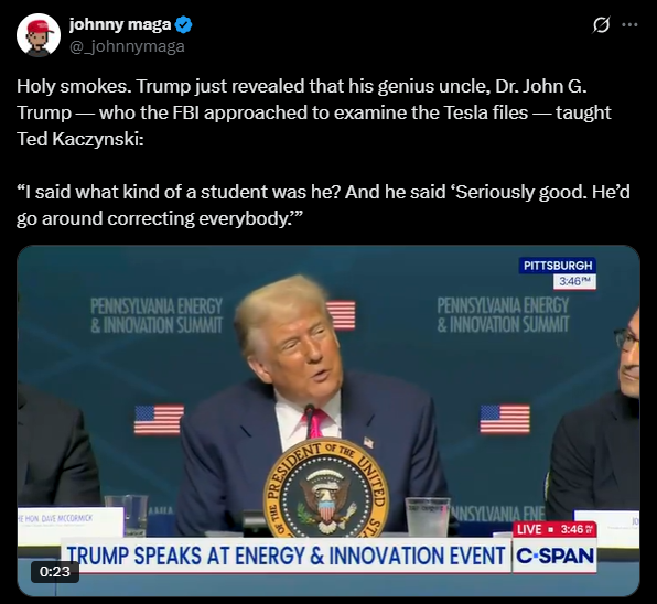 DreaLeePower's tweet image. Did Trump lie about Unabomber Ted Kaczynski being a student of his uncle Dr. John Trump?
Dr. John Trump died Feb 21, 1985; Kaczynski identified Apr 3, 1996.
Ted was never at MIT (Dr. Trump's school)—studied at Harvard (where he was a MKUltra victim) & Michigan.