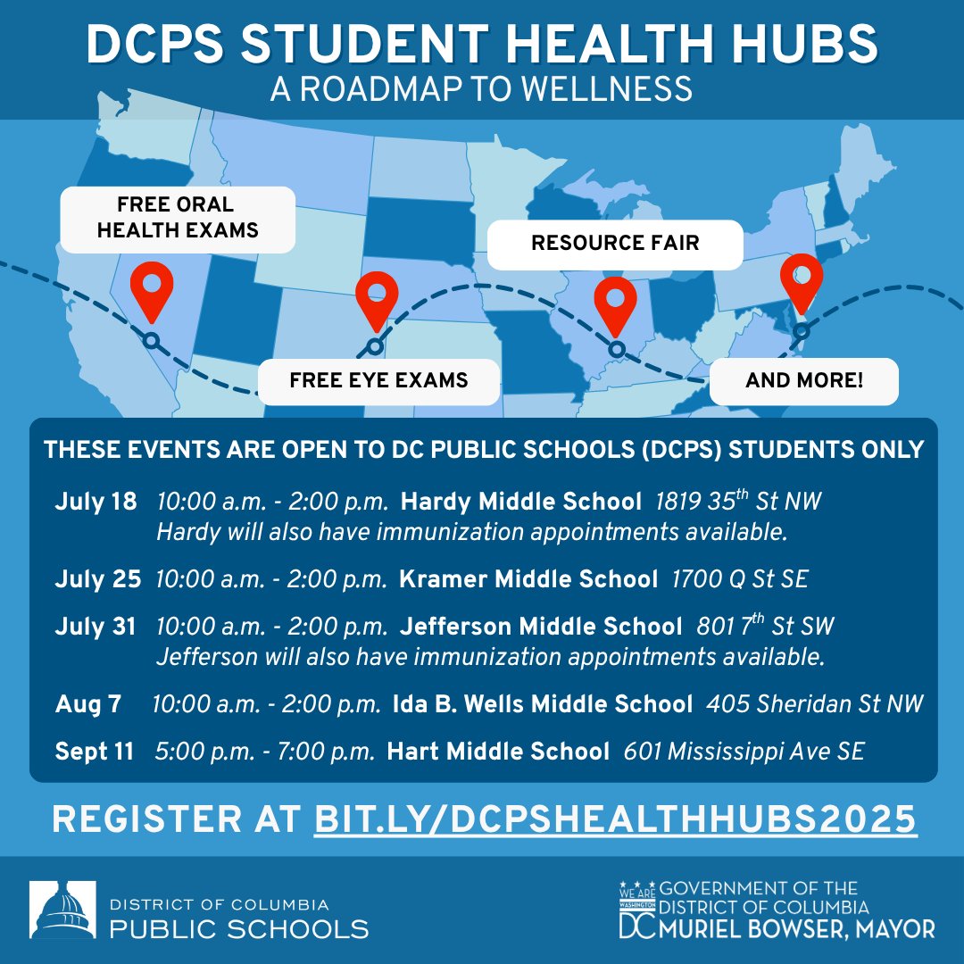 MayorBowser's tweet image. It's never too early to start getting ready for the 2025-26 school year. 🩺✏️
DCPS Student Health Hubs offer free exams, immunizations, and health resources—making it easy to check off all the boxes for a healthy, successful year.
Learn more➡️bit.ly/dcpshealthhubs…