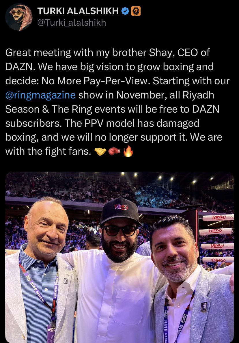 JK_Boxing's tweet image. ‼️| BREAKING NEWS:
Turki Alalshikh has officially announced that from November every single Riyadh Season and The Ring fight card will be a non PPV show moving forward… 📝
Should Misfits Boxing do the same? 🥊