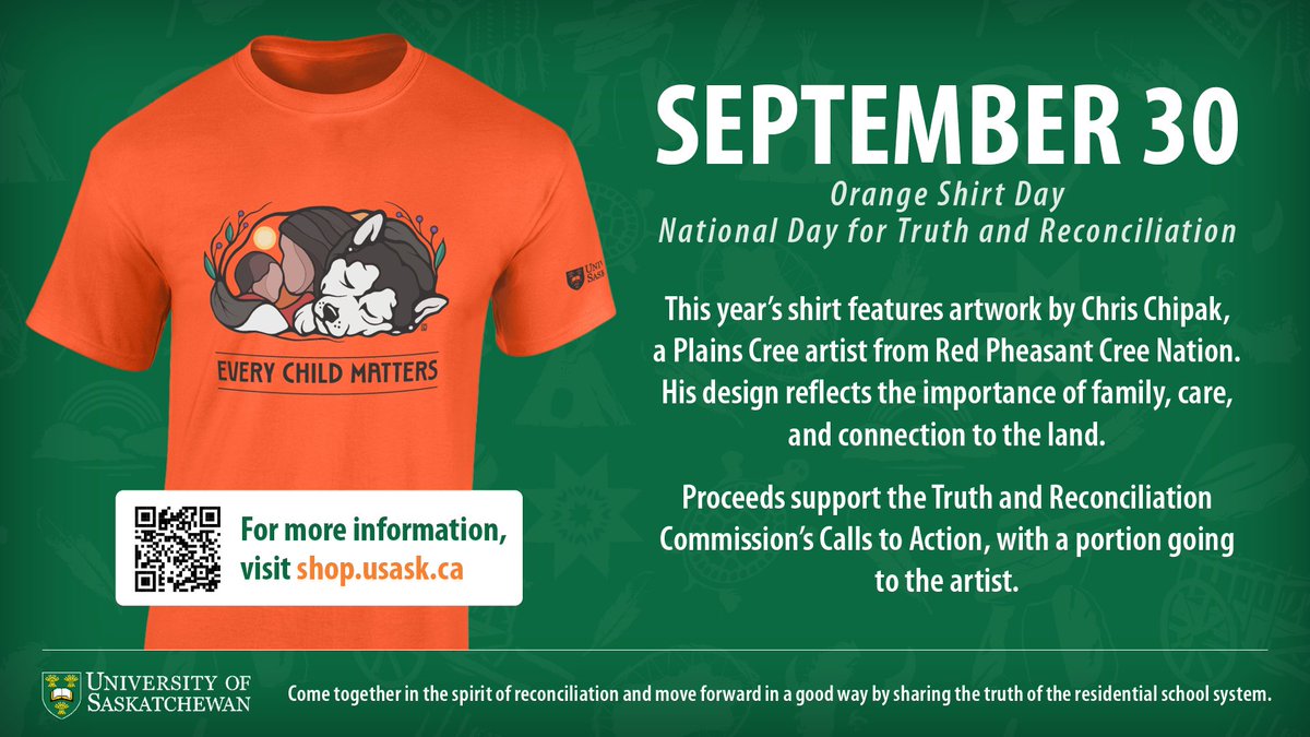 USaskMed's tweet image. The 2025 Every Child Matters shirt, designed by Chris Chipak (Red Pheasant Cree Nation), is now available to order. His artwork reflects family, protection and connection—values at the heart of USask’s Indigenous Strategy, ohpahotân | oohpaahotaan.
shop.usask.ca/orange-shirt-d…
