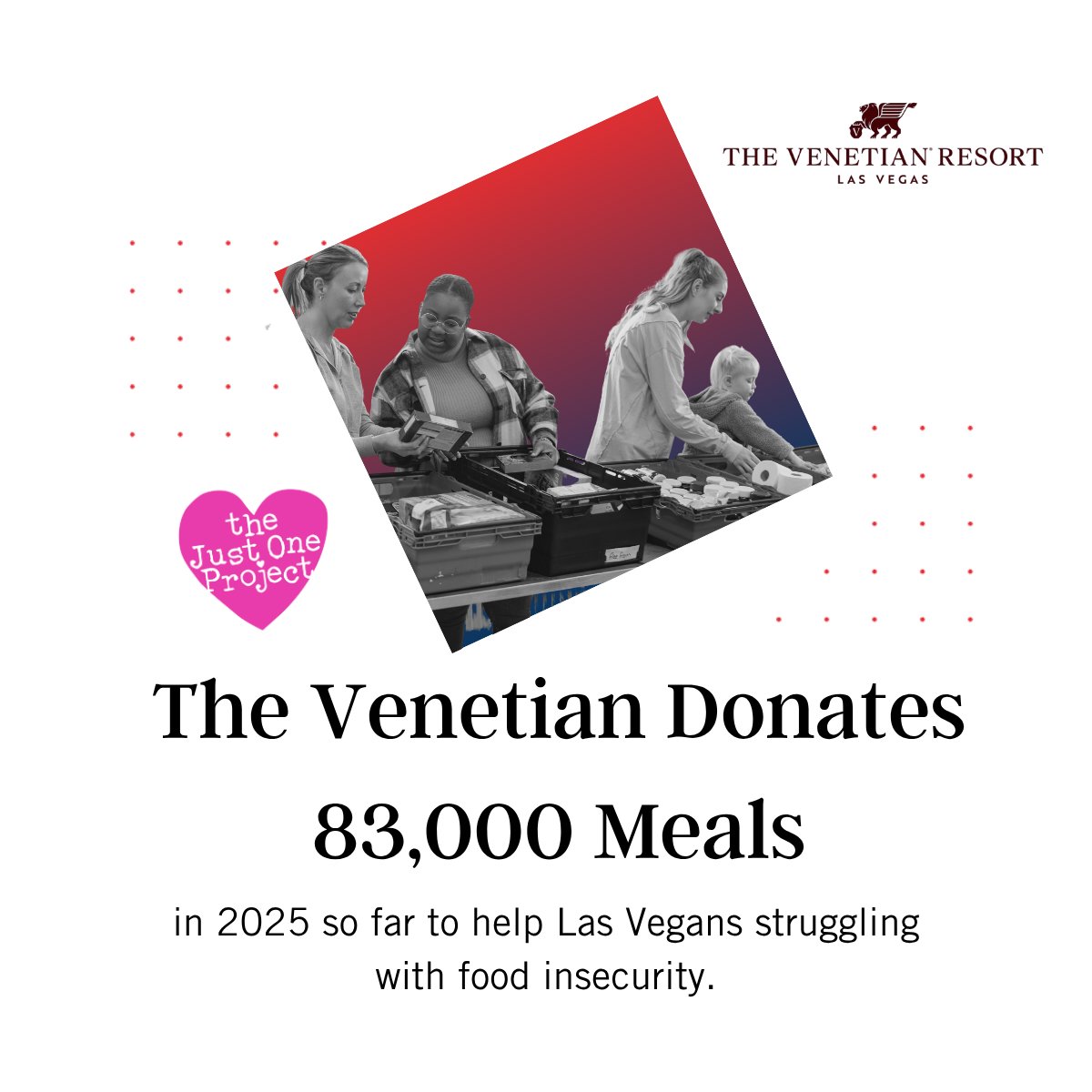 AmericanGaming's tweet image. AGA member @VenetianVegas is doing their part to combat food insecurity in the Las Vegas community. So far in 2025, they’ve donated 83,000 meals through their partnership with @thejust1project – and plan to expand their efforts in the second half of the year.