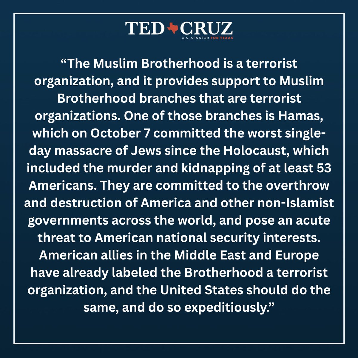 RELEASE: Sen. Cruz Introduces the Muslim Brotherhood Terrorist Designation Act

cruz.senate.gov/newsroom/in-th…