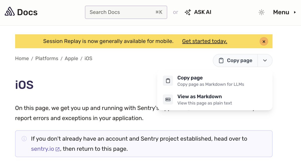 emergetools's tweet image. And for all those vibe coders out there, @getsentry now supports your favorite docs interaction 馃槈