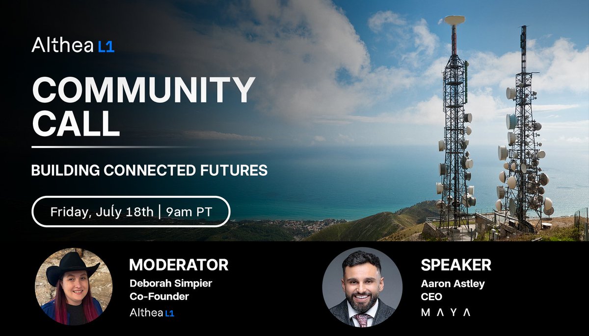🌐 Building Connected Futures: Althea Community Call

Join us this Friday 📅 July 18th at 🕘 9AM PT with <a href="/AaronKez_/">aaron.exe</a>, CEO at <a href="/ExploreMaya_/">MAYA</a>!
Discover how Maya's digital ecosystem blends virtual and physical realities to drive innovation and solve global challenges
1/2