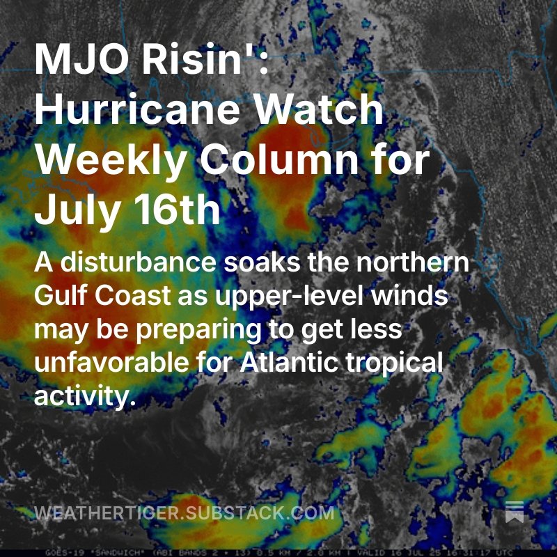 Irritant-level tropical threats roll on, with today’s focus on a disturbance (#Invest93L) in the northern Gulf which may cause flooding in Louisiana/Mississippi.  

Watching that disturbance and changing upper-level winds in this week's hurricane column:
weathertiger.substack.com/p/mjo-risin-hu…