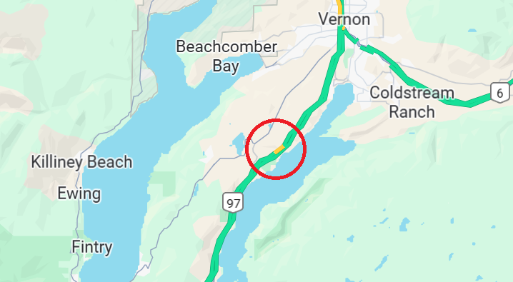 DriveBC's tweet photo. 📡 #BCHwy97 - Reports of a vehicle incident north of Bailey Rd near #KekuliBayProvincialPark. Both directions are affected. #ColdstreamBC #VernonBC https://t.co/hIZzYXoN2n