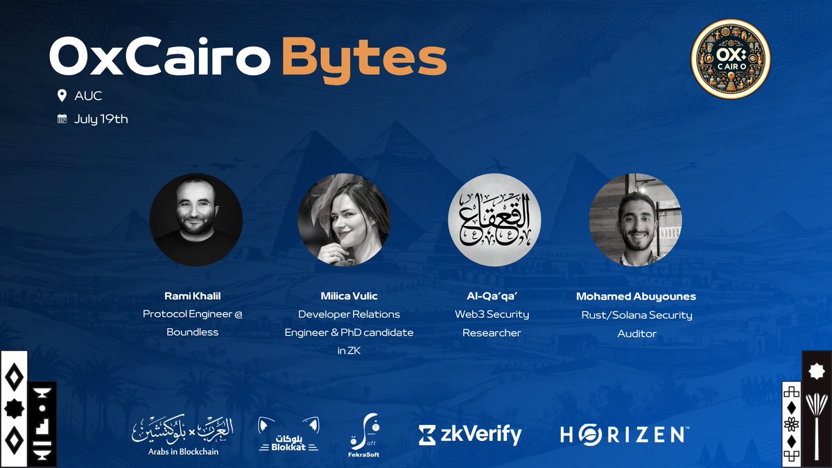 🚀 We’re thrilled to reveal our stellar speaker lineup for 0xCairo Bytes!
Get ready to meet the brilliant minds driving the future of blockchain technology. 👏🏼👏🏼👏🏼