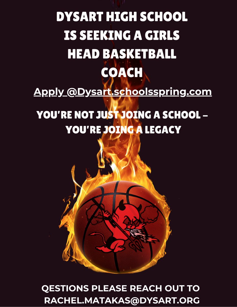 DHSDemonSports's tweet image. 🏀 Dysart High School is hiring a Head Girls Basketball Coach! We're looking for a leader ready to inspire and build a winning program. Interested or have questions? Contact 📧 Rachel Matakas at rachel.matakas@dysart.org. #DysartPride #CoachSearch