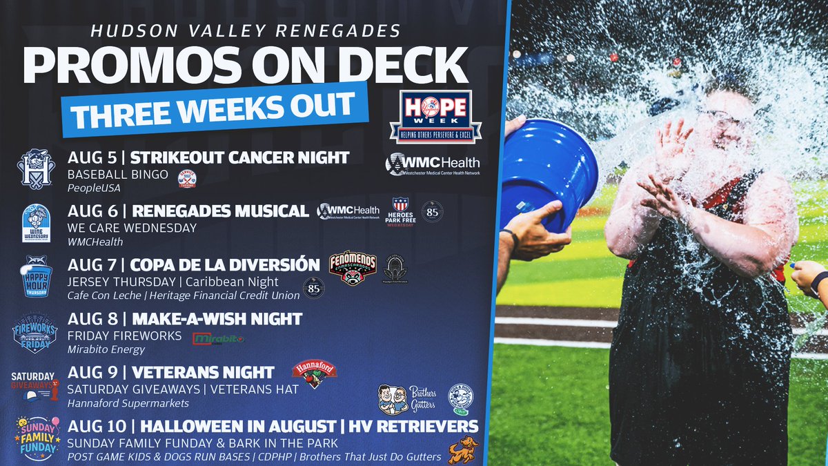 Hudson Valley Renegades (@hvrenegades) on Twitter photo Just three weeks to go until our first August homestand☀️
Fan-favorite alternate identities Copa de la Diversión presented by <a href="/NYCafeConLeche/">Café Con Leche</a> & the Hudson Valley Retrievers presented by The Brothers that just do Gutters ARE BACK!!!!
Mark your calendars for a week full of fun! Just three weeks to go until our first August homestand☀️
Fan-favorite alternate identities Copa de la Diversión presented by <a href="/NYCafeConLeche/">Café Con Leche</a> & the Hudson Valley Retrievers presented by The Brothers that just do Gutters ARE BACK!!!!
Mark your calendars for a week full of fun!