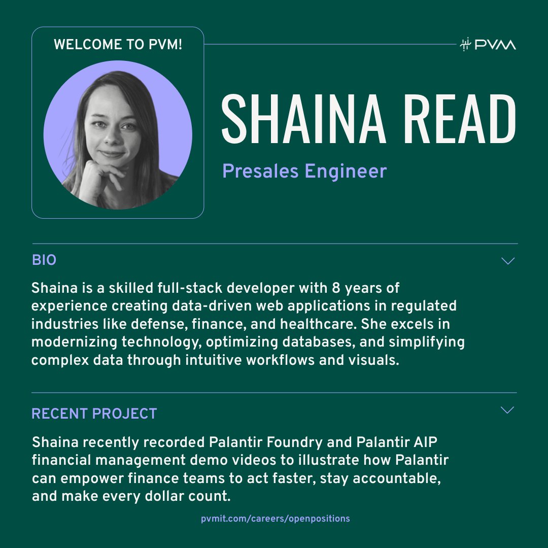 PVMGeeks's tweet image. Meet Shaina Read, one of PVM&apos;s newest additions! Shaina is a powerhouse engineer with 8 years of experience and has already proven herself invaluable to the PVM team. Join us in welcoming her to PVM!

Open positions: hubs.ly/Q03xymX80

#CompanyCulture #EmployeeSpotlight
