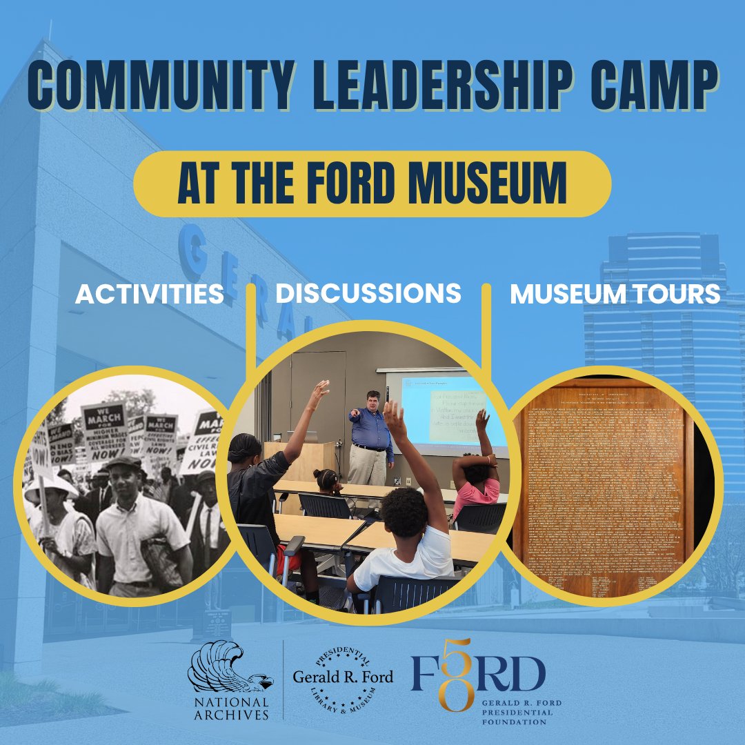 Ford_Library's tweet image. Join us August 2 for Community Leadership Camp! Students (grades 6-8), plus their accompanying adult, will learn about becoming engaged leaders by studying the Constitution & examples of President and First Lady Ford.
Seating is limited, register today: lp.constantcontactpages.com/ev/reg/54wfh7z…