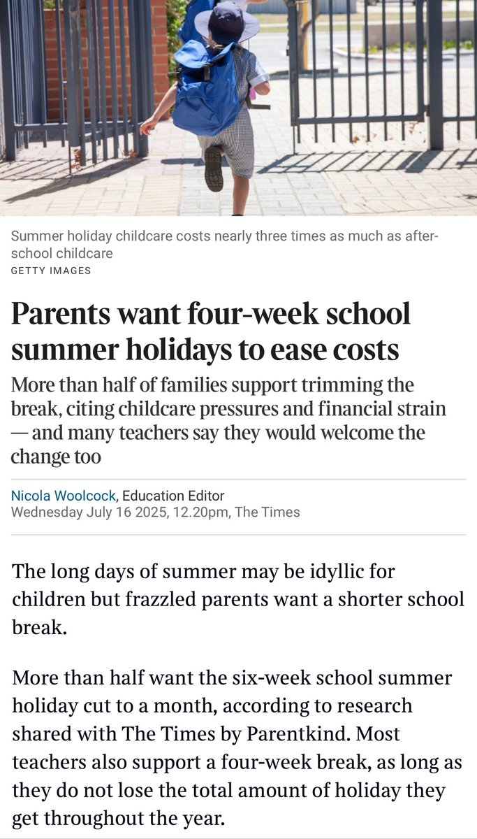 JasonElsom's tweet image. 62% of teachers and the majority of parents back shorter summer holidays according to our poll of 9000 teachers and 3000 parents. Read more in the Times today….
thetimes.com/uk/education/a…