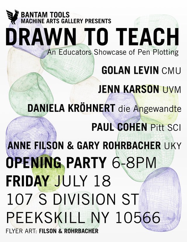 Join us this Friday for the opening of Drawn to Teach, a showcase of pen plotting in education featuring work by Golan Levin, Jenn Karson, Daniela Kröhnert, Paul Cohen, and Filson &amp; Rohrbacher. Each of these educators will be present, sharing their work and their approach to