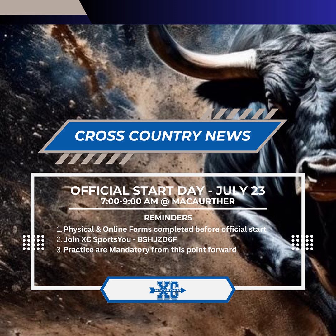 🏃‍♂️🔥 MacArthur XC is Back! 🔥🏃‍♀️
Mark your calendars — Official Start Day is July 23 from 7:00–9:00 AM at MacArthur!
✅ Physical &amp; online forms due
📱 Join SportsYou: BSHJZD6F
📍 Attendance is mandatory from here on out!
Let’s kick off the season strong, Brahmas! #BrahmaPride