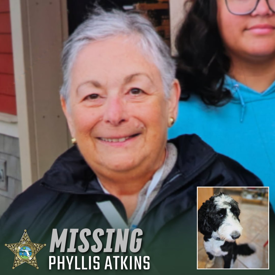 TeamSJSO's tweet image. 𝐌𝐈𝐒𝐒𝐈𝐍𝐆 𝐏𝐄𝐑𝐒𝐎𝐍: 𝐏𝐇𝐘𝐋𝐋𝐈𝐒 𝐀𝐓𝐊𝐈𝐍𝐒
The St. Johns County Sheriff's Office is searching for Phyllis Atkins (79). She was last seen around 10am this morning in the area of Blue Seas Ct. in Ponte Vedra Beach walking a dog.
If you have information about Atkins…