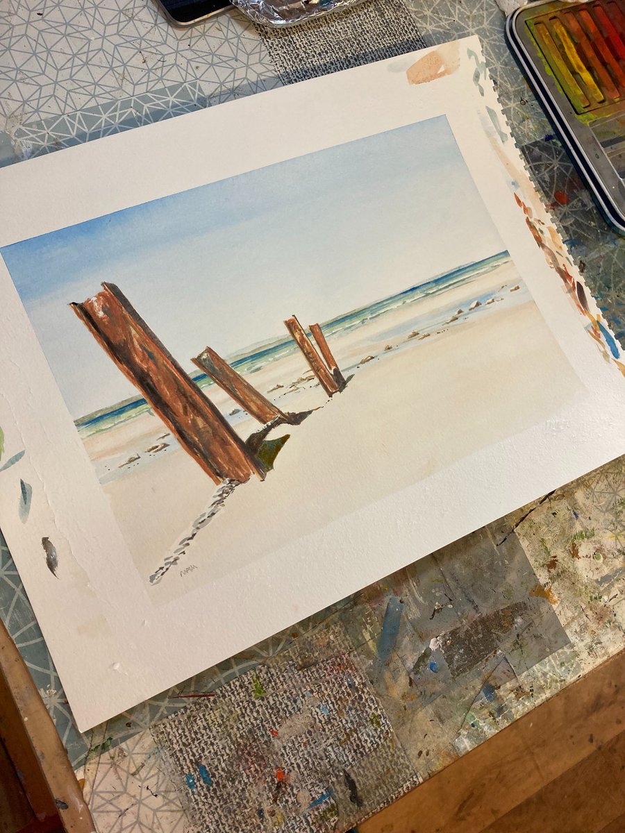 MacleanArtist's tweet image. Sun on the Braighe, A4 intense watercolour, the reference photo was taken on Monday 😊 #beach #sunny #shore #sea #seaside #coast #watercolour #painting #artwork #artist #seashore
