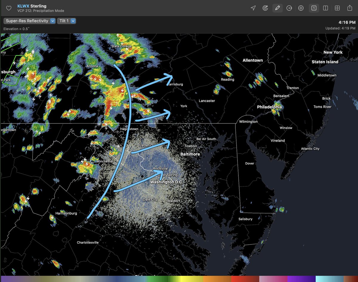 ryankanerWX's tweet image. Storms are roughly 70 miles west of DC/Balt moving at about 15-20mph to the east. Over the next two hours, I expect a more organized cluster of storms to form as energy moves east of the Blue Ridge. Thinking worst is 6-10pm for DC/Balt... slightly later than my earlier forecast.