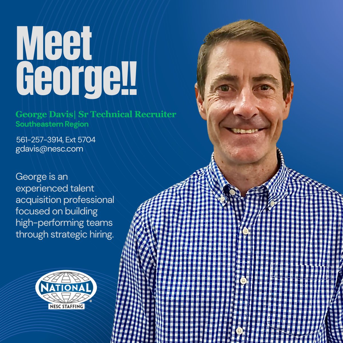Join us in welcoming George Davis, our newest talent acquisition pro!

Strategic. People-focused. Results-driven. Let’s go, George! 💼👏

#NESCStaffing #WelcomeToTheTeam #RecruitingExcellence