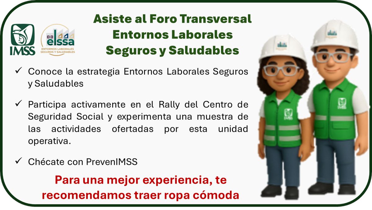 CETEC_AC's tweet photo. El IMSS te invita al FORO TRANSVERSAL ENTORNOS LABORALES SEGUROS Y SALUDABLES. 
Martes 22 de julio en horario de 9:00 a 13:30 Hrs., en el Teatro del IMSS, ubicado en José María Chávez No. 1202, Col. Lindavista.
Registro:

https://t.co/6C6J4JGgj1 https://t.co/EUGbUj6Pnb