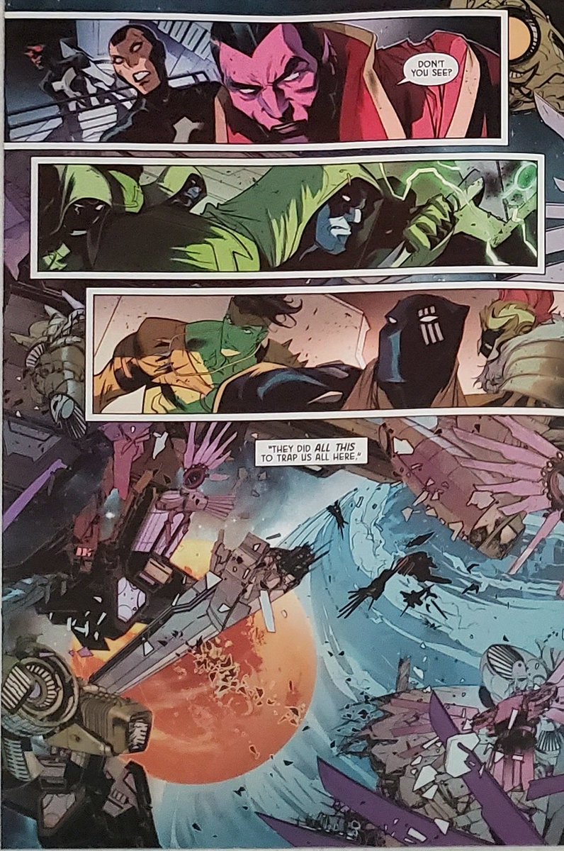 #ImperialSpoilers 

The betrayals come fast and often as M'Baku is stabbed in the back, the Skrulls attack everyone to break free from the Alliance and the Shi'ar have their own coup too! I can't tell if the big mastermind is Grandmaster but great pacing for once by Hickman.