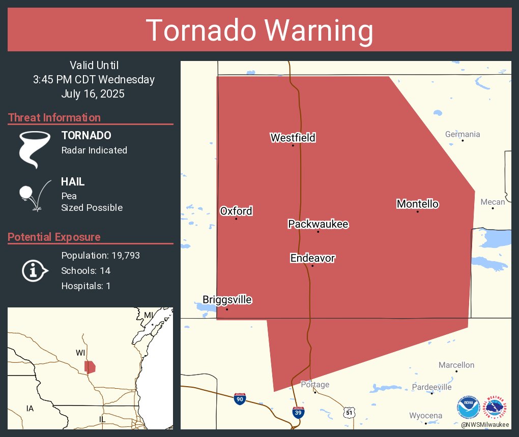 Tornado Warning including Montello WI, Westfield WI and  Oxford WI until 3:45 PM CDT