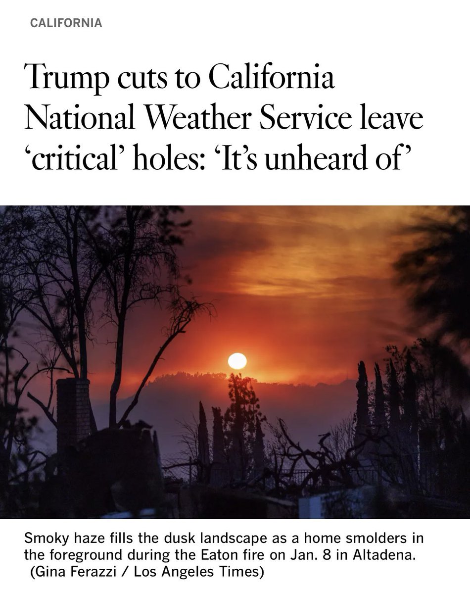 CALtGovernor's tweet image. Trump’s cuts to California’s National Weather Service offices are dangerous & irresponsible.
At a time when wildfires, floods & extreme weather are growing more intense, gutting the agency that keeps Californians safe puts lives at risk. This isn’t just reckless — it’s a direct…
