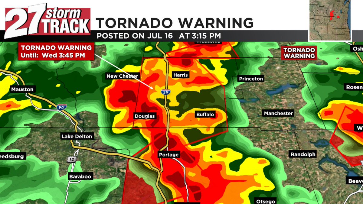 27StormTrack's tweet image. A Tornado Warning is in effect until Jul 16 3:45PM for Marquette, Columbia Co. Go to your safe place now! Watch WKOW for the latest info #wiwx