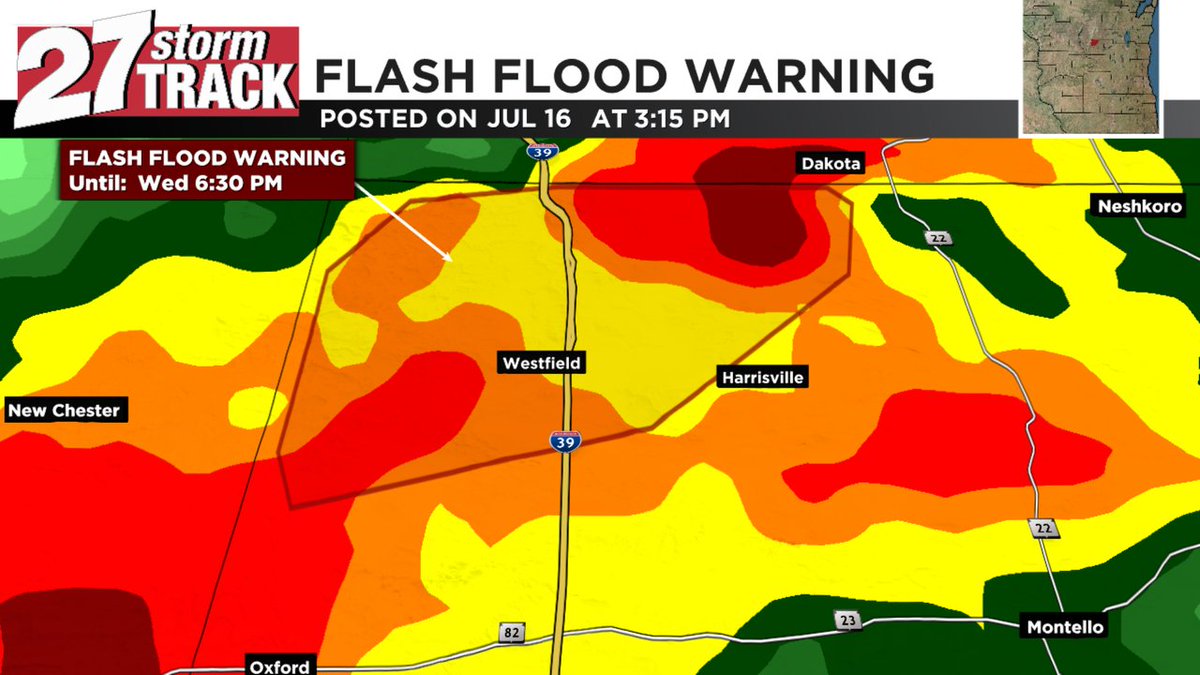 27StormTrack's tweet image. A Flash Flood Warning is in effect until Jul 16 6:30PM for Marquette Co. Never enter into flood waters! Watch WKOW for the latest info #wiwx