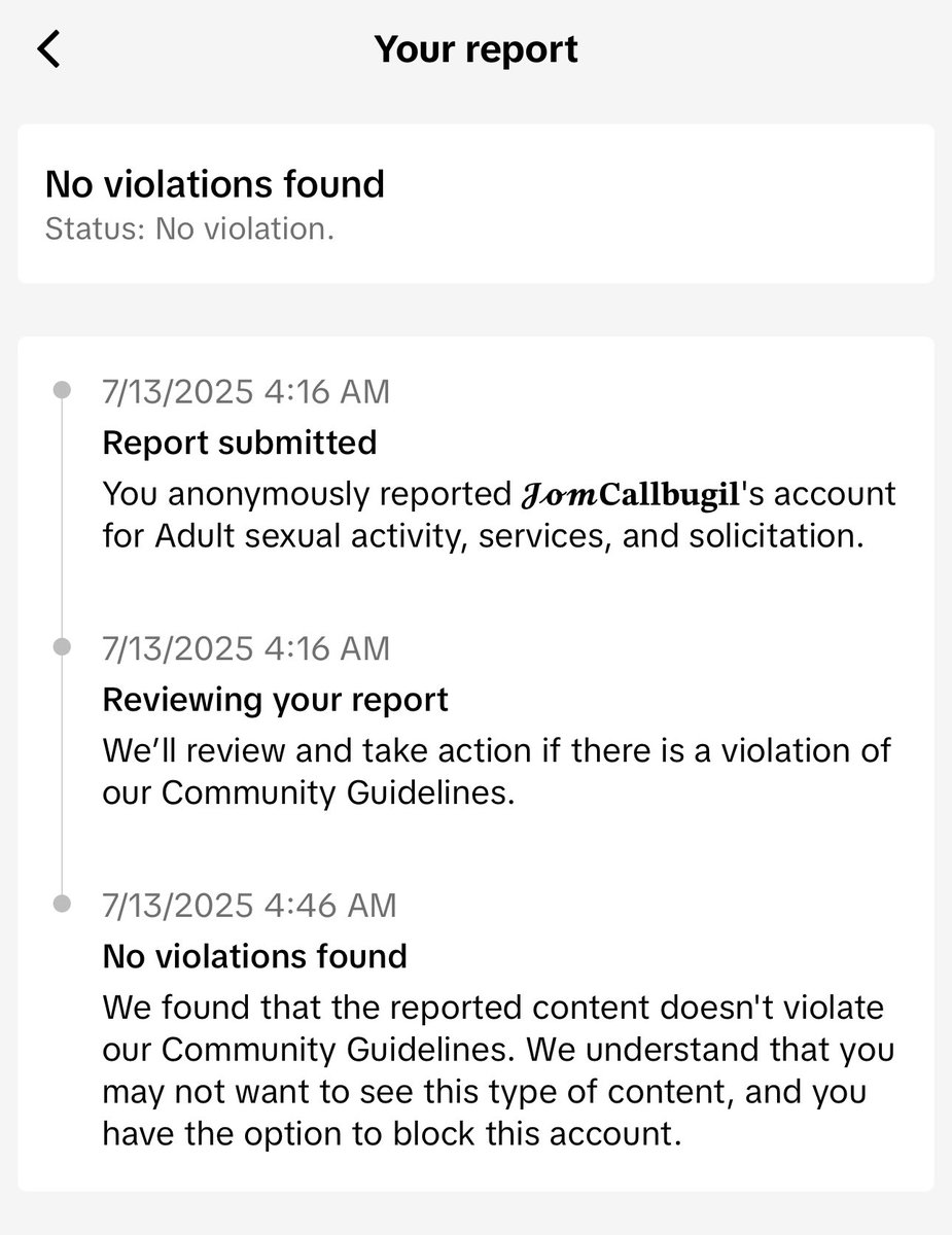 Bagus tiktok ni. Dah report acc ni solicit sexual service pun dia tak kata no violation. Nama account tiktok tu dah terang2 , lepas tu dekat profile pun ada.

<a href="/MCMC_RASMI/">MCMC</a>