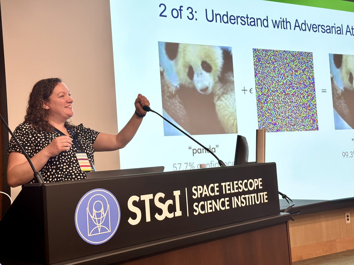 Michelle Ntampak gives an uproarious talk about "Trustworthy Machine Learning for Scientific Discovery with Roman Surveys." She shows us how just a little noise can result in a Panda being classified as a Gibbon. 🐼❌🐒

#RomanCartography #ExpandOurView #NASARoman