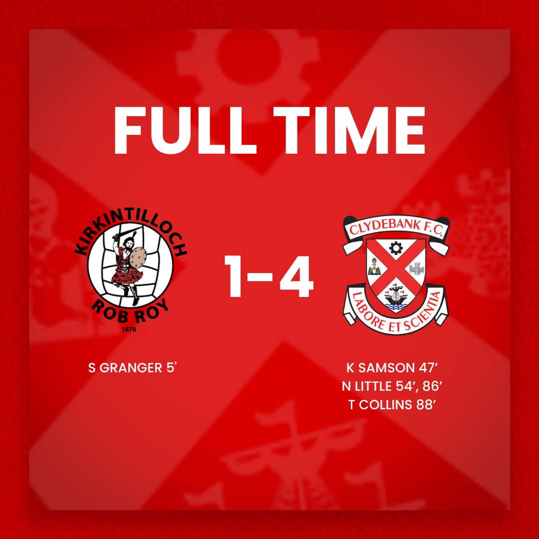 FULL TIME: Kirkintilloch Rob Roy 1-4 Clydebank 

Another good work out for Bankies as they come from a goal down to run out winners.