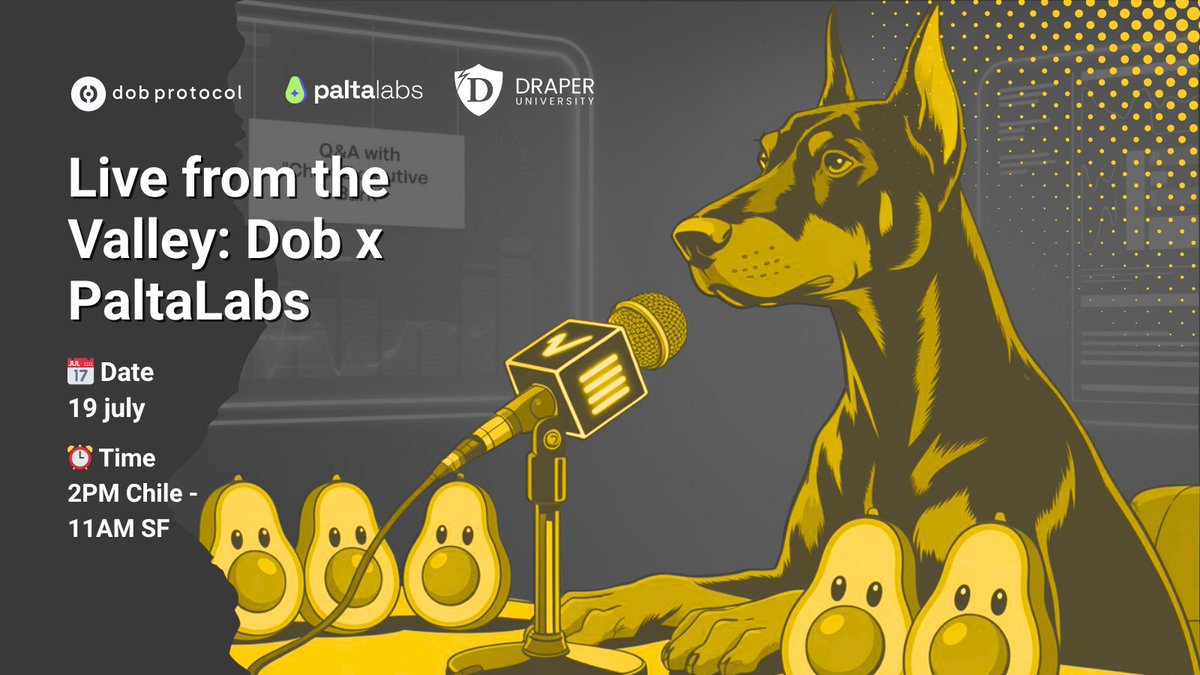 Dobprotocol (@dobprotocol) on Twitter photo After a full week in Silicon Valley thanks to <a href="/draper_u/">Draper University</a>, we’re going live with <a href="/PaltaLabs/">PaltaLabs Blockchain Services</a> team 🥑
🗓️ July 19
🕑 2PM Chile | 11AM San Francisco
📍 Streaming on X, LinkedIn & YouTube via <a href="/dobprotocol/">Dobprotocol</a>
🔗 linkedin.com/feed/update/ur…
🔗 youtube.com/watch?v=5Elkqq…
See you! After a full week in Silicon Valley thanks to <a href="/draper_u/">Draper University</a>, we’re going live with <a href="/PaltaLabs/">PaltaLabs Blockchain Services</a> team 🥑
🗓️ July 19
🕑 2PM Chile | 11AM San Francisco
📍 Streaming on X, LinkedIn & YouTube via <a href="/dobprotocol/">Dobprotocol</a>
🔗 linkedin.com/feed/update/ur…
🔗 youtube.com/watch?v=5Elkqq…
See you!