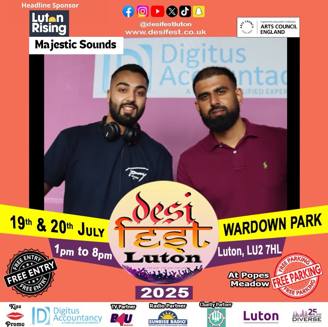 🚨 Official DJs of Desi Fest Luton 𝑴𝑨𝑱𝑬𝑺𝑻𝑰𝑪 𝑺𝑶𝑼𝑵𝑫𝑺 🚨

We are pumped to announce 𝑴𝑨𝑱𝑬𝑺𝑻𝑰𝑪 𝑺𝑶𝑼𝑵𝑫𝑺 as our official DJs, big up to our homeboys 𝑴𝑨𝑱𝑬𝑺𝑻𝑰𝑪 𝑺𝑶𝑼𝑵𝑫𝑺, 𝘋𝘑 𝘏𝘬𝘢𝘺 &amp; 𝘋𝘑 𝘗𝘢𝘭𝘪 who'll fire up any event.