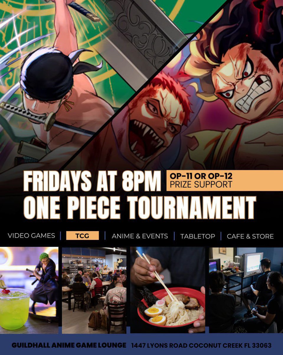 Island | Walooiji🇵🇷 🔜 Vacation Arc (@walooiji) on Twitter photo 🏴☠️ FRIDAY and Sunday NIGHT ONE PIECE
Tournament prizing update!
🔥 1st Place gets the choice between an OP-11 or OP-12 booster box!
🎁 2nd–8th Place will receive OP-11 packs based on standings.
<a href="/GuildhallGG/">Guildhall Anime Game Lounge</a>  🏴☠️ FRIDAY and Sunday NIGHT ONE PIECE
Tournament prizing update!
🔥 1st Place gets the choice between an OP-11 or OP-12 booster box!
🎁 2nd–8th Place will receive OP-11 packs based on standings.
<a href="/GuildhallGG/">Guildhall Anime Game Lounge</a> 