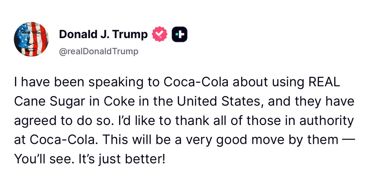 BREAKING: Trump just got Coca-Cola to agree to start using real cane sugar in their drinks!

When do they put the cocaine back, asking for a friend?