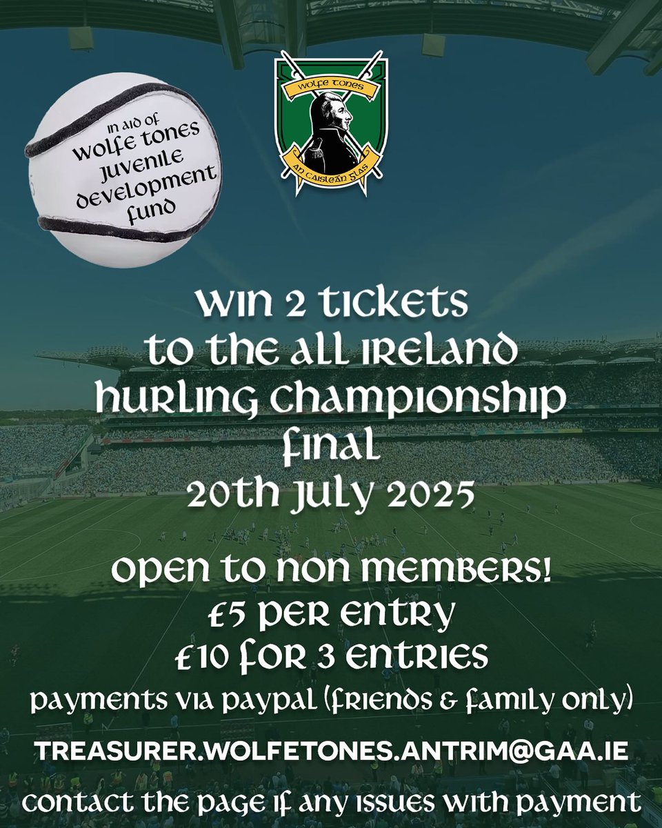 #AllIrelandHurlingFinal Tickets

Last Chance to Enter

Wolfe Tones have two FRONT ROW (Sec 302 Row A) Tickets up for grabs, but you need to be quick!

Entries close at midnight.

Details below!
