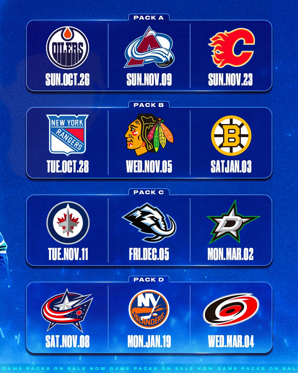 Canucks's tweet image. Game Packs are ON SALE NOW❗️
Be the first to secure your seats for the 2025.26 season.
BUY NOW | vancanucks.co/3UliXyA